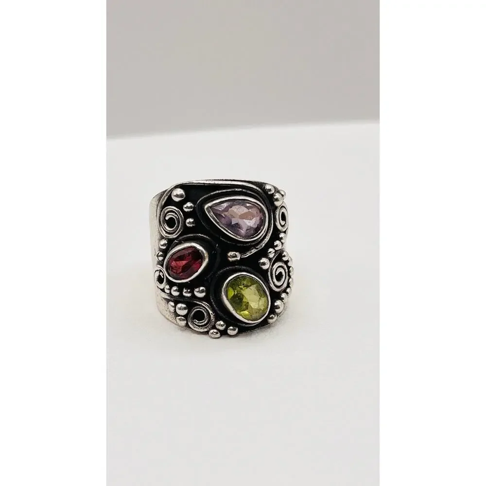 Vintage Cluster Signet Silver 925 Ring Amethyst Emerald Tourmaline Size 7,75